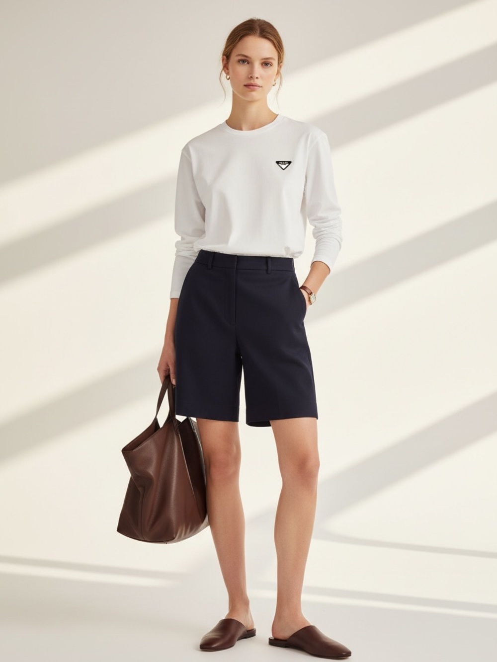 Prada White Cotton Long Sleeve Triangle Logo T-Shirt